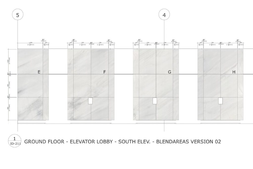DDL Digital Dry Layout – Blending Elevator Lobby Ground Floor · Marmor-Wandplanung Projekt Vancouver · artEmotional